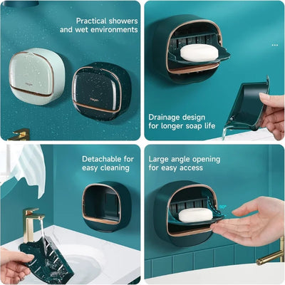 Dark Green | Self-Adhesive Wall-Mounted Luxury Soap Holder with Lid and Drainage Tray - NextGenzVolt