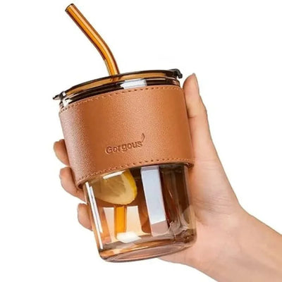 Bamboo Joint Glass Cup with Lid & Straw | 13oz Can-Shaped Tumbler with Leather Sleeve - NextGenzVolt