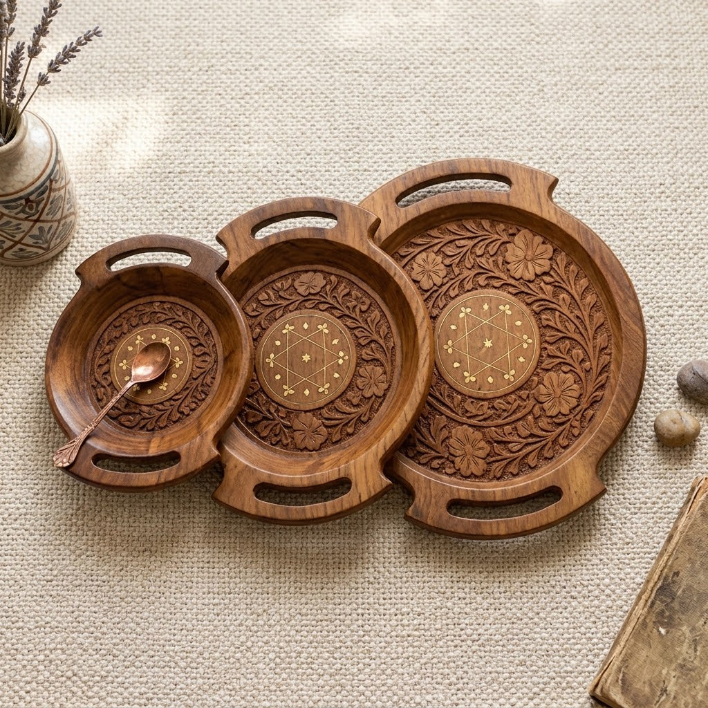 Wooden Carving Plate Bring rustic. Set of 3.