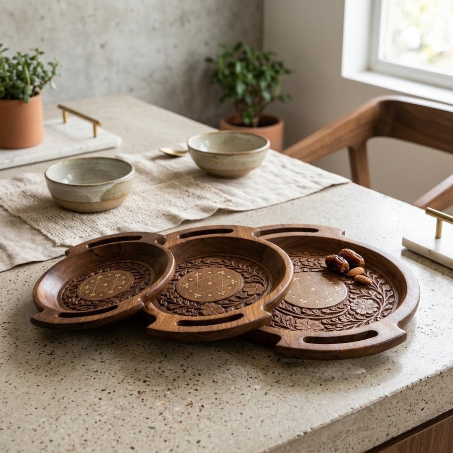 Wooden Carving Plate Bring rustic. Set of 3.