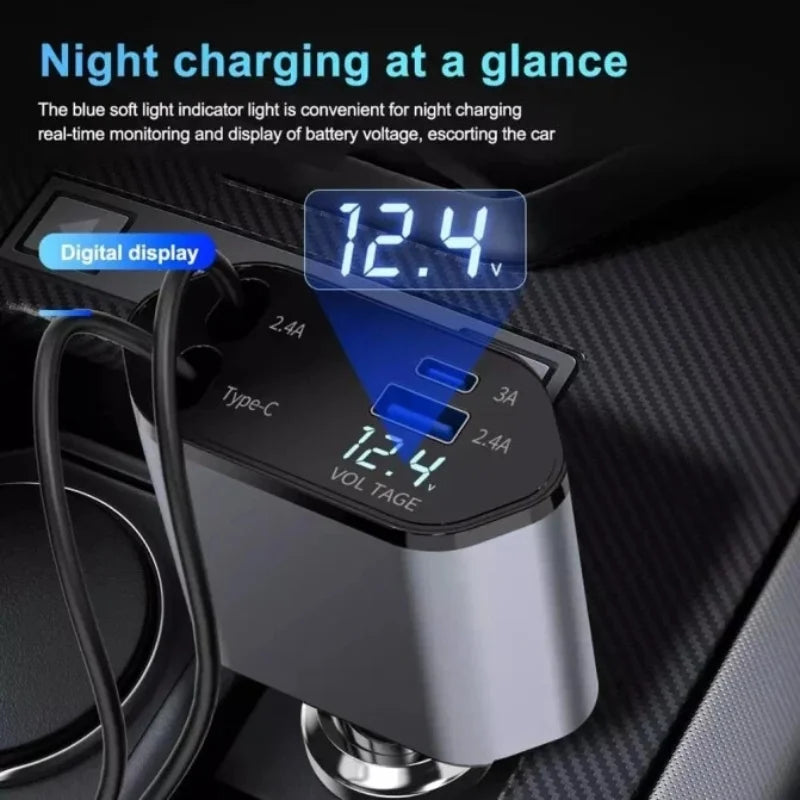 4-in-1 Retractable Car Charger | Dual USB & USB-C PD Fast Charging, 100W - NextGenzVolt