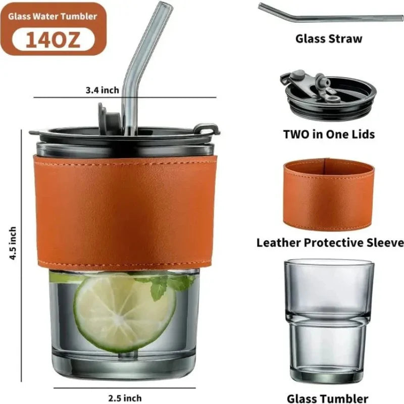 Bamboo Joint Glass Cup with Lid & Straw | 13oz Can-Shaped Tumbler with Leather Sleeve - NextGenzVolt