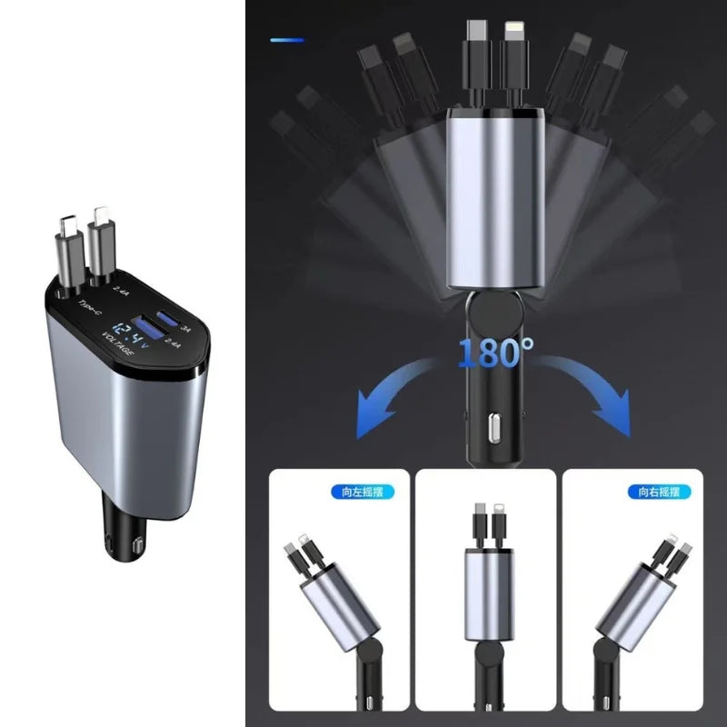 4-in-1 Retractable Car Charger | Dual USB & USB-C PD Fast Charging, 100W - NextGenzVolt