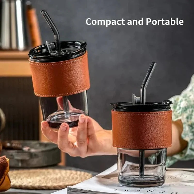 Bamboo Joint Glass Cup with Lid & Straw | 13oz Can-Shaped Tumbler with Leather Sleeve - NextGenzVolt