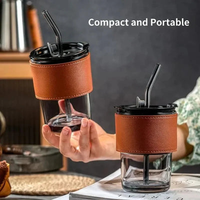 Bamboo Joint Glass Cup with Lid & Straw | 13oz Can-Shaped Tumbler with Leather Sleeve - NextGenzVolt