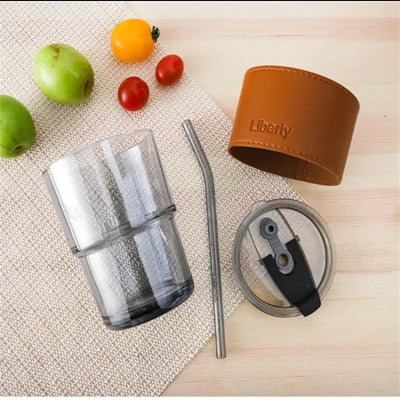 Bamboo Joint Glass Cup with Lid & Straw | 13oz Can-Shaped Tumbler with Leather Sleeve - NextGenzVolt