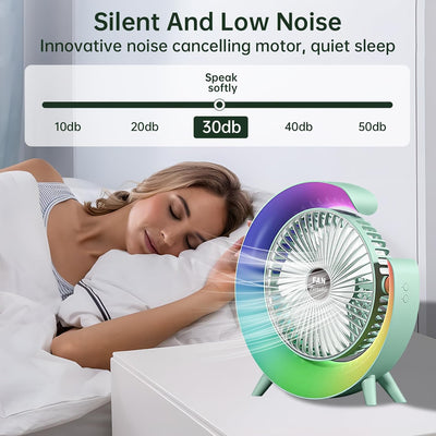 Colorful USB Rechargeable Desktop Fan | Silent Cooling, LED Ambient Light, 3-Speed Rotation - NextGenzVolt