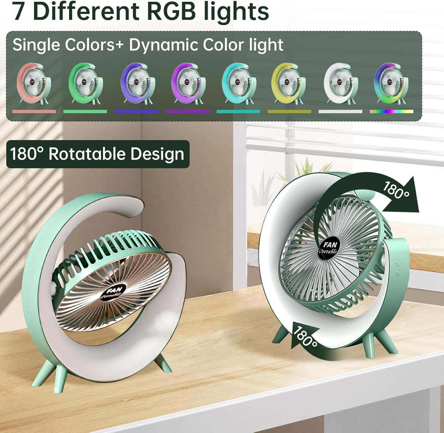 Colorful USB Rechargeable Desktop Fan | Silent Cooling, LED Ambient Light, 3-Speed Rotation - NextGenzVolt