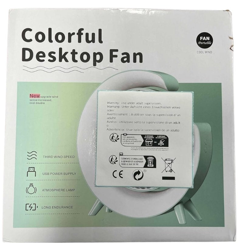 Colorful USB Rechargeable Desktop Fan | Silent Cooling, LED Ambient Light, 3-Speed Rotation - NextGenzVolt
