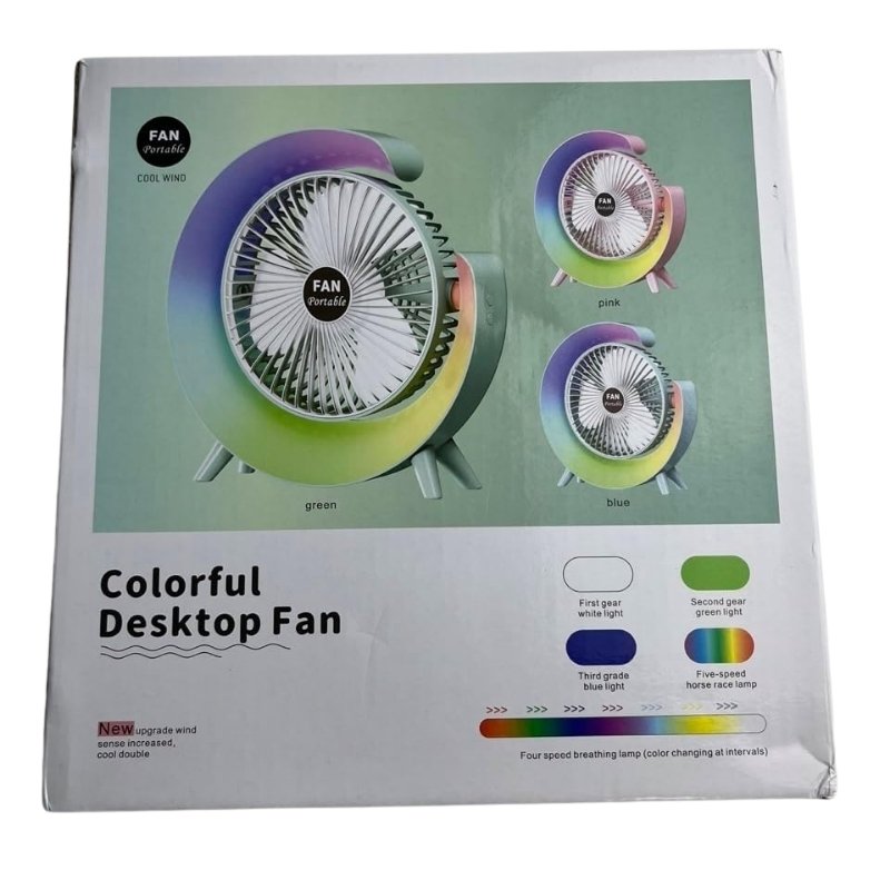 Colorful USB Rechargeable Desktop Fan | Silent Cooling, LED Ambient Light, 3-Speed Rotation - NextGenzVolt