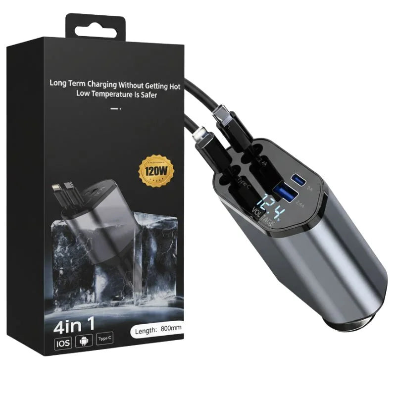 4-in-1 Retractable Car Charger | Dual USB & USB-C PD Fast Charging, 100W - NextGenzVolt