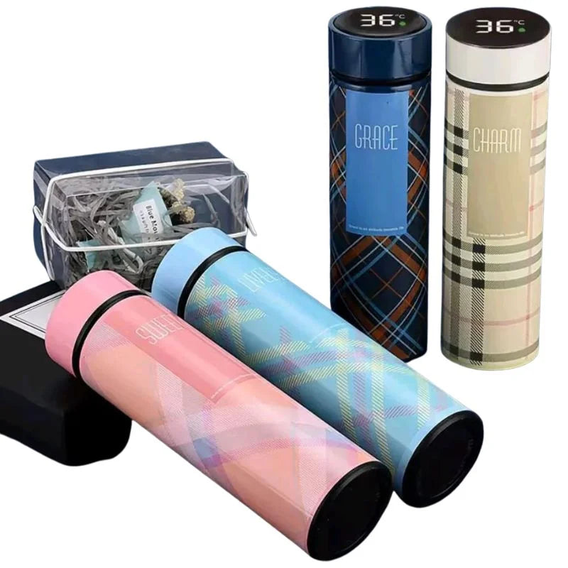 LED Temperature Display Water Bottle | Checkered Design | Smart Stainless Steel Vacuum 500ml Flask | Random Color - NextGenzVolt