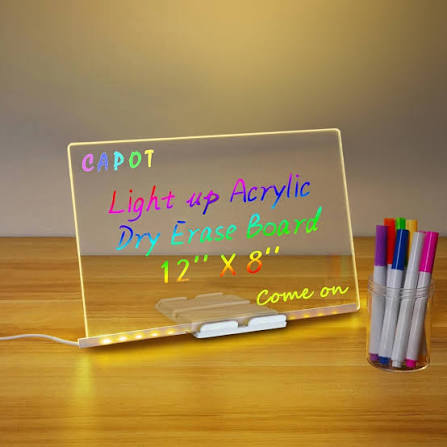 8x8 Inches LED Acrylic Writing Board with USB Light | 7 Colorful Erasable Pens | Message Board with Markers & Stand