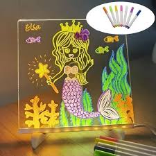 8x8 Inches LED Acrylic Writing Board with USB Light | 7 Colorful Erasable Pens | Message Board with Markers & Stand